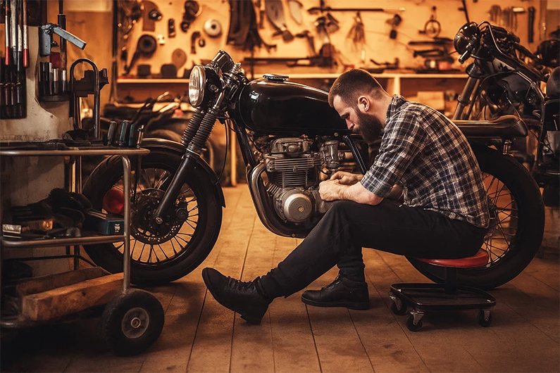 Мужчина чинит мотоцикл чоппер у себя в гараже